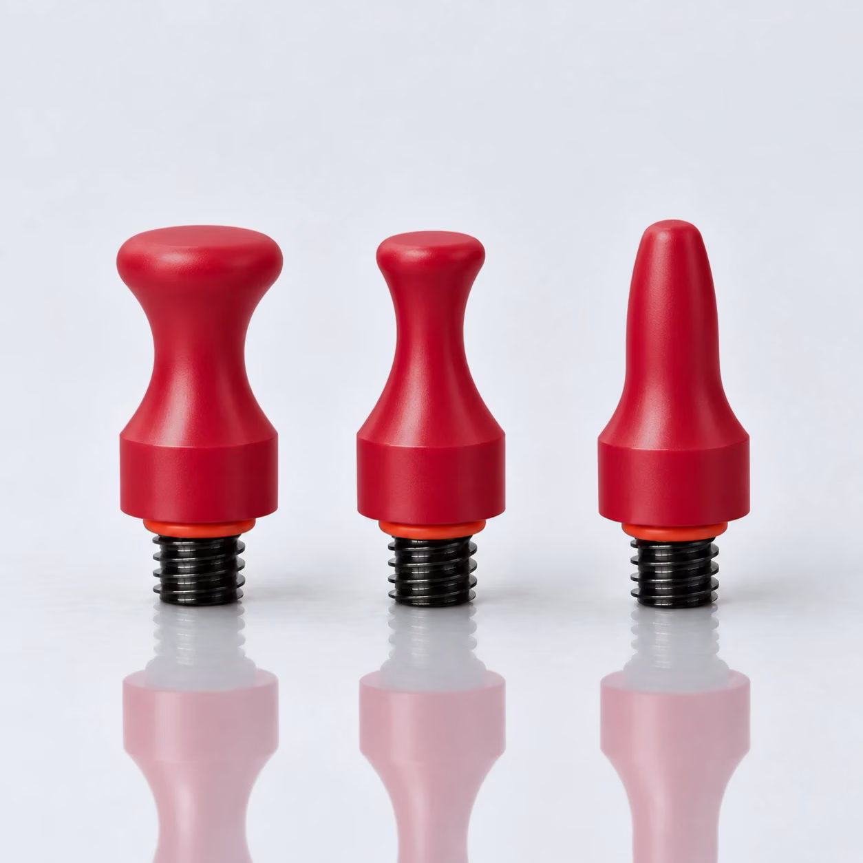 Wechselspitzen Set Hart – Flach, Mittel und Spitz aus rotem, hartem Kunststoff mit orange-rotem O-Ring